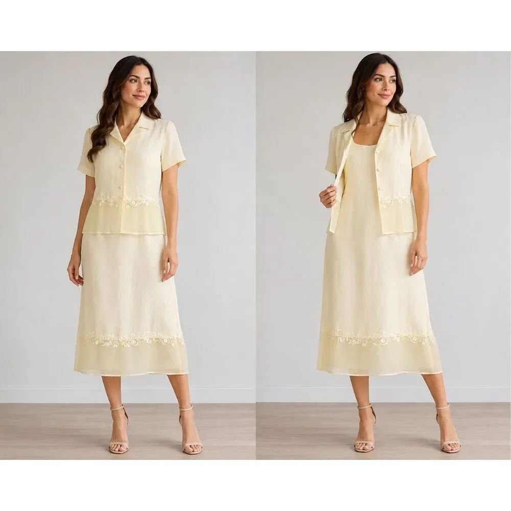 Jessica Howard 2 Piece Linen Blend Dress Jacket Set Embroidered Yellow Size 16